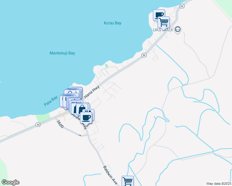map of restaurants, bars, coffee shops, grocery stores, and more near 36 Laenui Place in Paia