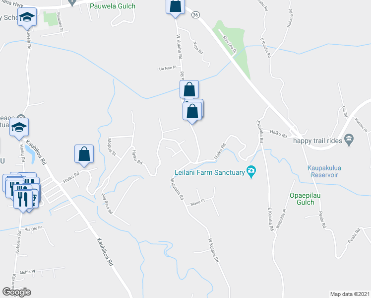 map of restaurants, bars, coffee shops, grocery stores, and more near 1697 Haiku Road in Haiku-Pauwela