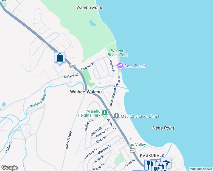 map of restaurants, bars, coffee shops, grocery stores, and more near 1272 West Hiahia Place in Wailuku
