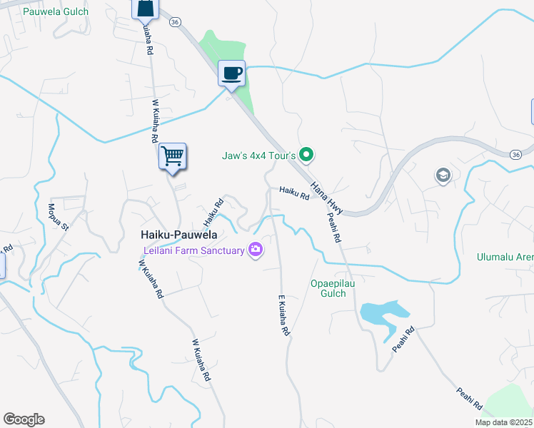 map of restaurants, bars, coffee shops, grocery stores, and more near 100 East Kuiaha Road in Haiku-Pauwela