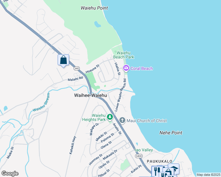 map of restaurants, bars, coffee shops, grocery stores, and more near 1268 West Hiahia Place in Wailuku