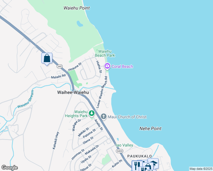 map of restaurants, bars, coffee shops, grocery stores, and more near 140 Lower Waiehu Beach Road in Wailuku