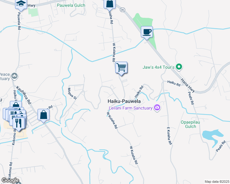 map of restaurants, bars, coffee shops, grocery stores, and more near 1697 Haiku Road in Haiku-Pauwela