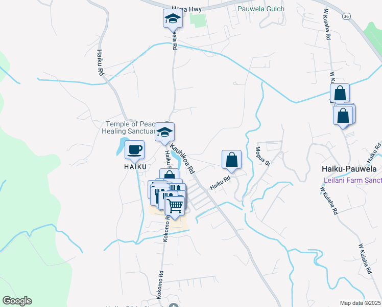 map of restaurants, bars, coffee shops, grocery stores, and more near 653 Kauhikoa Road in Haiku-Pauwela