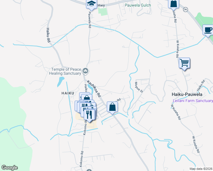 map of restaurants, bars, coffee shops, grocery stores, and more near 653 Kauhikoa Road in Haiku-Pauwela