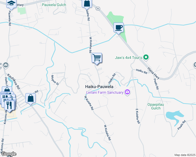 map of restaurants, bars, coffee shops, grocery stores, and more near 438 West Kuiaha Road in Haiku-Pauwela