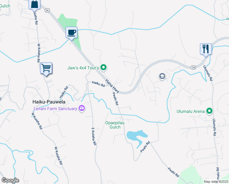 map of restaurants, bars, coffee shops, grocery stores, and more near 77 Peahi Road in Haiku-Pauwela