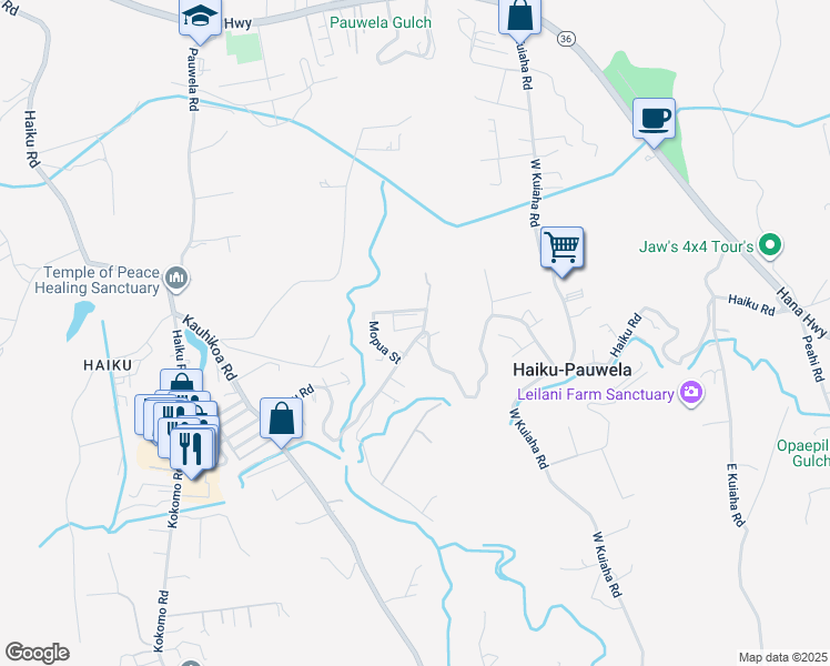 map of restaurants, bars, coffee shops, grocery stores, and more near 640 Lihau Place in Haiku-Pauwela