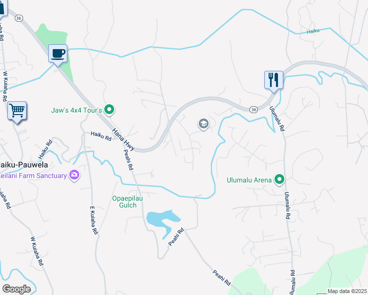 map of restaurants, bars, coffee shops, grocery stores, and more near 100 Hohani Place in Haiku-Pauwela