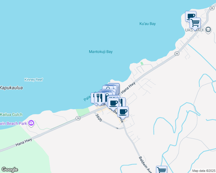 map of restaurants, bars, coffee shops, grocery stores, and more near 63 Loio Place in Paia