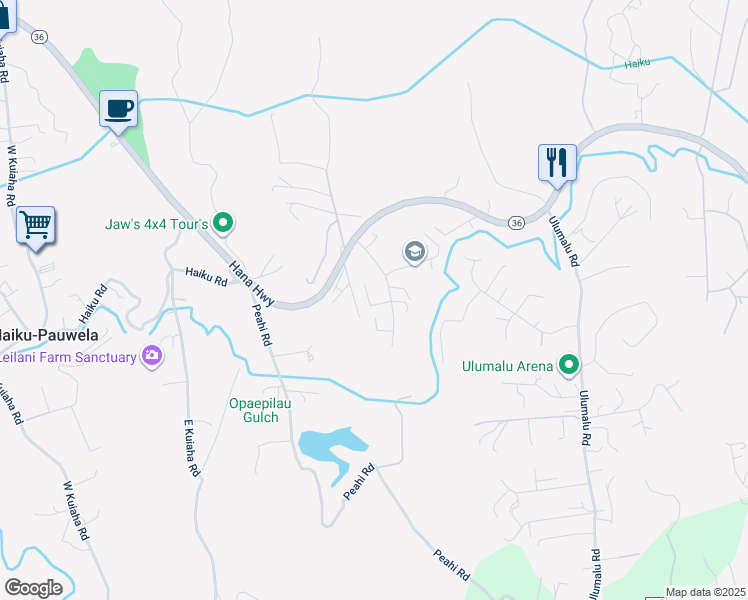 map of restaurants, bars, coffee shops, grocery stores, and more near 100 Hohani Place in Haiku-Pauwela