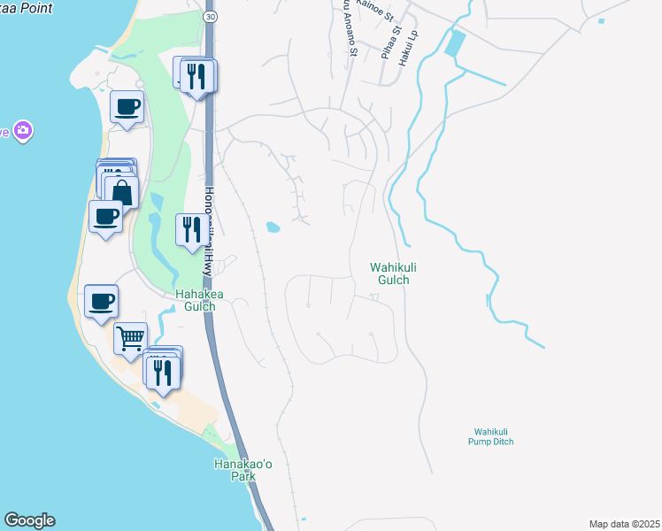 map of restaurants, bars, coffee shops, grocery stores, and more near 44 Anapuni Loop in Lahaina