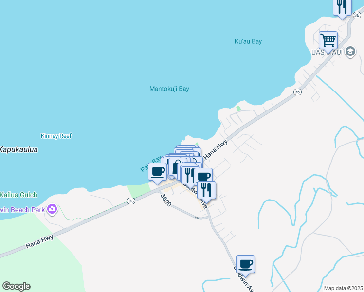 map of restaurants, bars, coffee shops, grocery stores, and more near 63 Loio Place in Paia