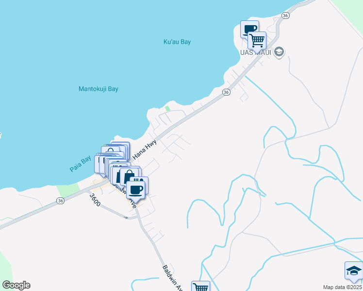map of restaurants, bars, coffee shops, grocery stores, and more near 17 Laenui Place in Paia