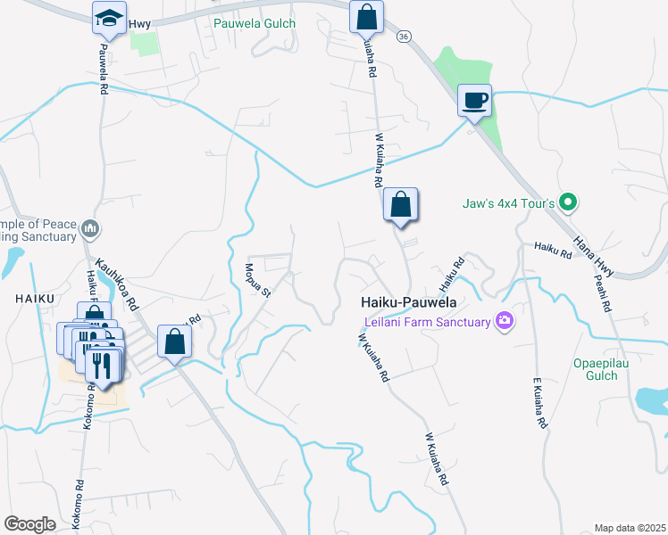 map of restaurants, bars, coffee shops, grocery stores, and more near 1565 Haiku Road in Haiku-Pauwela
