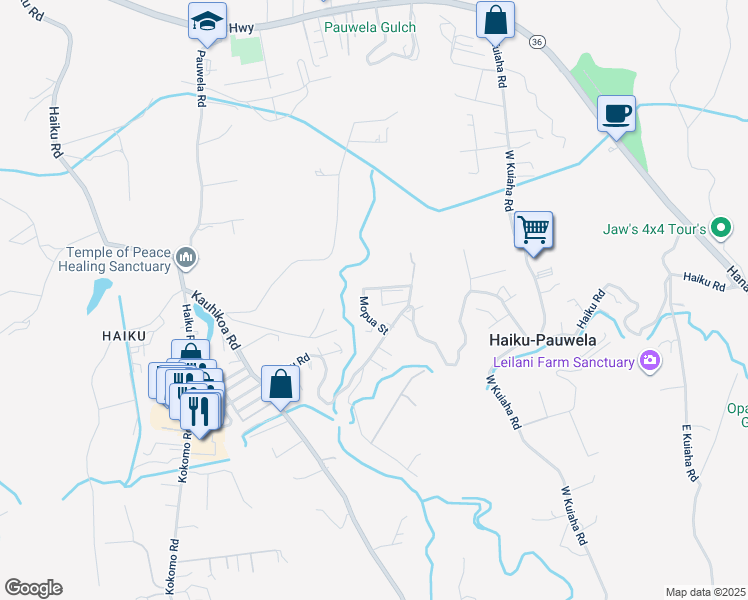 map of restaurants, bars, coffee shops, grocery stores, and more near 705 Mopua Street in Haiku-Pauwela