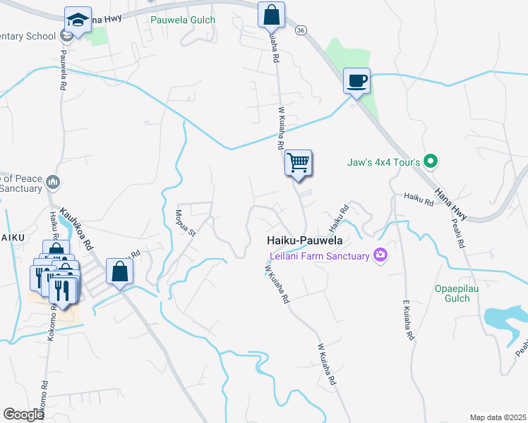 map of restaurants, bars, coffee shops, grocery stores, and more near 1654 Haiku Road in Haiku-Pauwela
