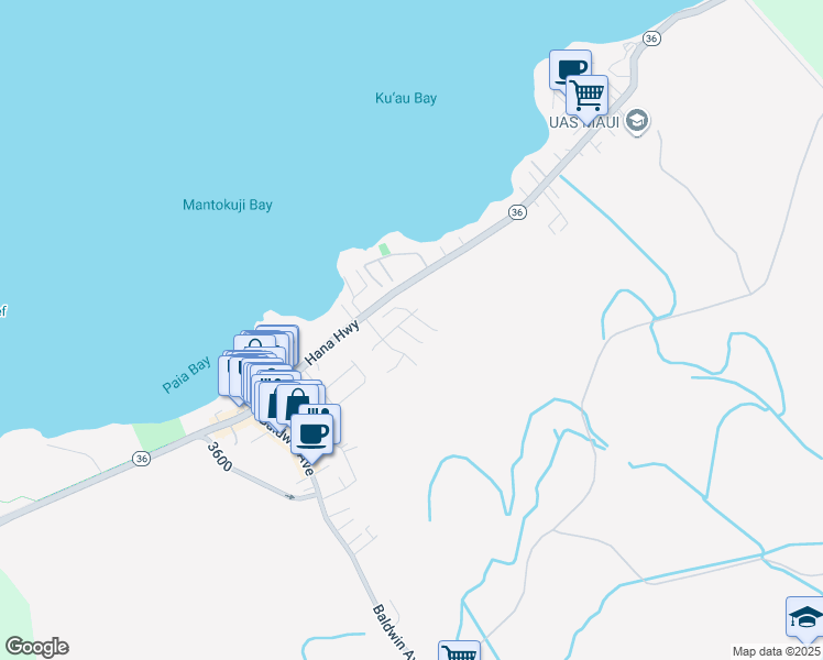 map of restaurants, bars, coffee shops, grocery stores, and more near 17 Laenui Place in Paia