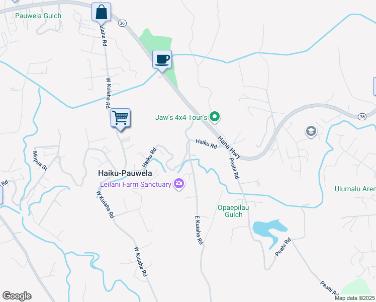 map of restaurants, bars, coffee shops, grocery stores, and more near 100 East Kuiaha Road in Haiku-Pauwela