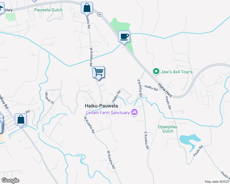 map of restaurants, bars, coffee shops, grocery stores, and more near 1855 Haiku Road in Haiku-Pauwela