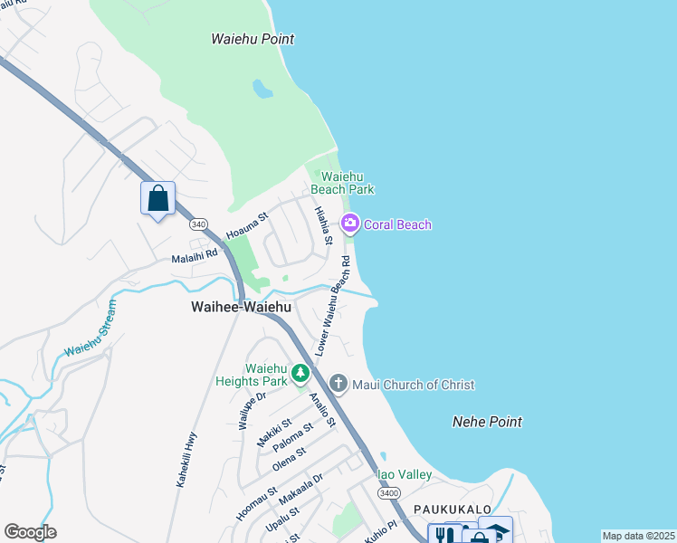 map of restaurants, bars, coffee shops, grocery stores, and more near 167 Lower Waiehu Beach Road in Wailuku