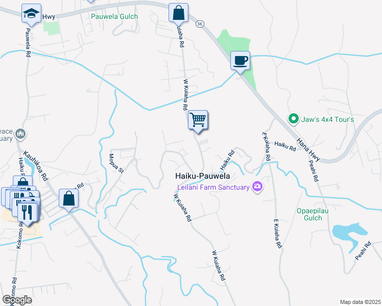 map of restaurants, bars, coffee shops, grocery stores, and more near 777 Kihau Place in Haiku-Pauwela