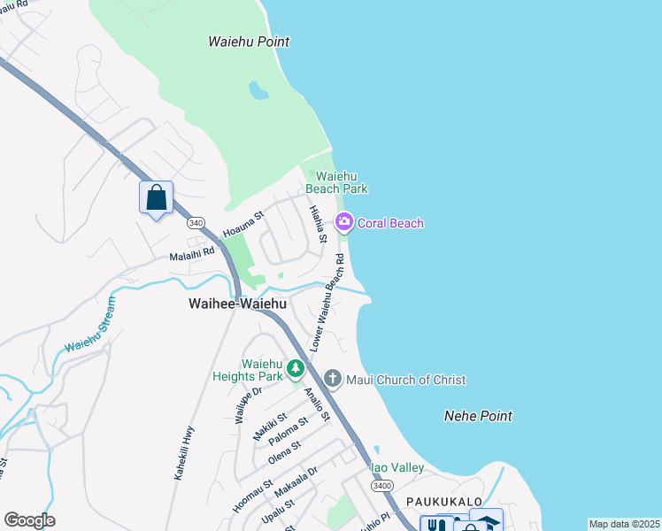 map of restaurants, bars, coffee shops, grocery stores, and more near 171 Lower Waiehu Beach Road in Wailuku