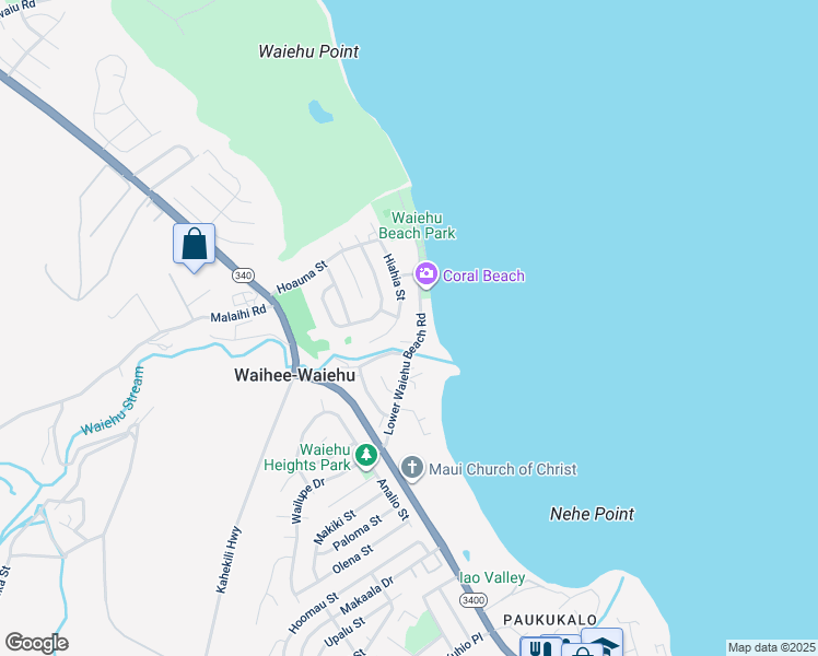 map of restaurants, bars, coffee shops, grocery stores, and more near 171 Lower Waiehu Beach Road in Wailuku