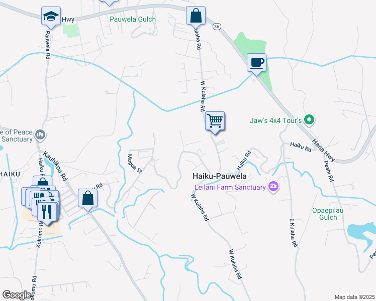 map of restaurants, bars, coffee shops, grocery stores, and more near 1631 Haiku Road in Haiku-Pauwela
