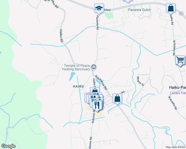 map of restaurants, bars, coffee shops, grocery stores, and more near 5 Kauhikoa Road in Haiku-Pauwela