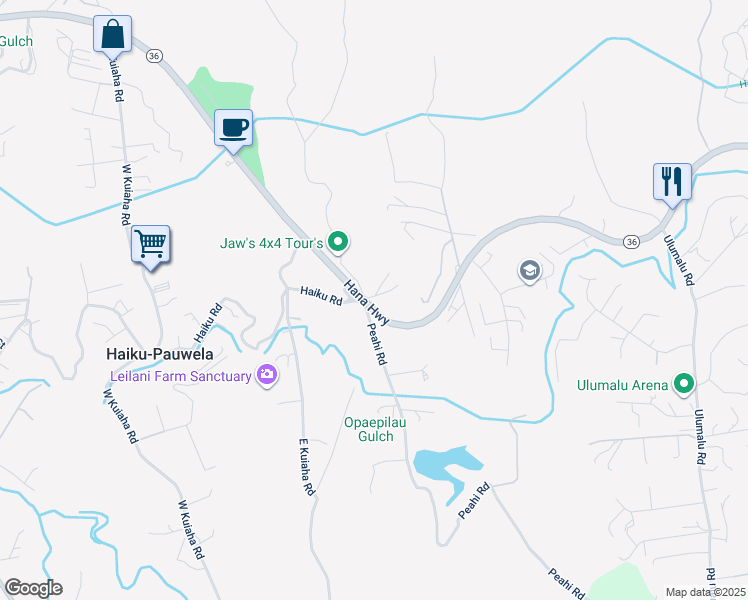 map of restaurants, bars, coffee shops, grocery stores, and more near 360 Hahana Road in Haiku-Pauwela