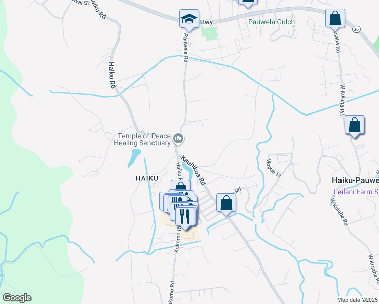 map of restaurants, bars, coffee shops, grocery stores, and more near 653 Kauhikoa Road in Haiku-Pauwela