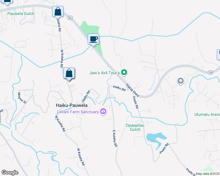 map of restaurants, bars, coffee shops, grocery stores, and more near 105 East Kuiaha Road in Haiku-Pauwela