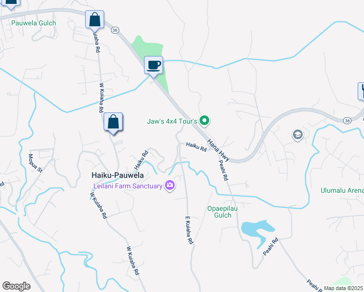 map of restaurants, bars, coffee shops, grocery stores, and more near 105 East Kuiaha Road in Haiku-Pauwela