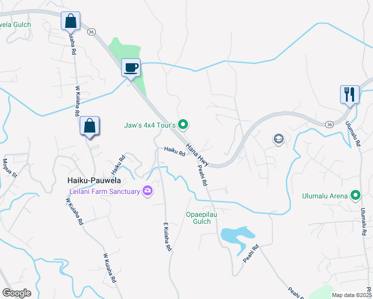 map of restaurants, bars, coffee shops, grocery stores, and more near 2229 Haiku Road in Haiku-Pauwela
