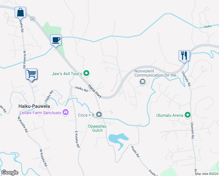 map of restaurants, bars, coffee shops, grocery stores, and more near 77 Oili Road in Haiku-Pauwela