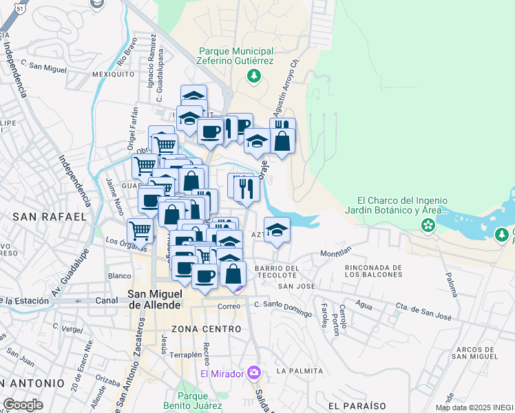 map of restaurants, bars, coffee shops, grocery stores, and more near 85 Calzada De La Presa in San Miguel de Allende