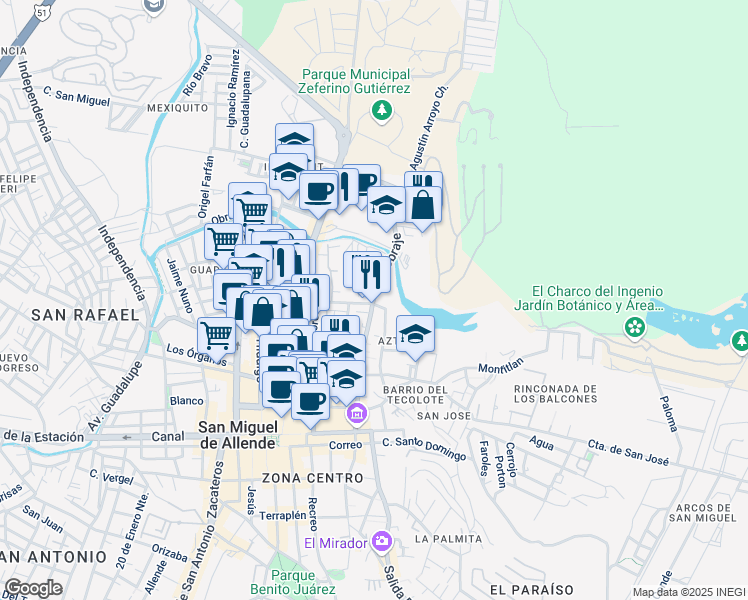 map of restaurants, bars, coffee shops, grocery stores, and more near 85 Calzada De La Presa in San Miguel de Allende