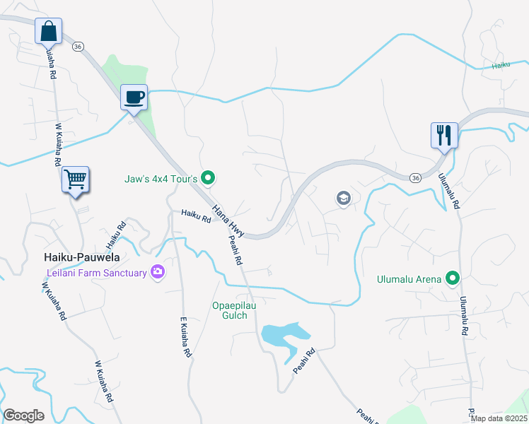 map of restaurants, bars, coffee shops, grocery stores, and more near 77 Oili Road in Haiku-Pauwela
