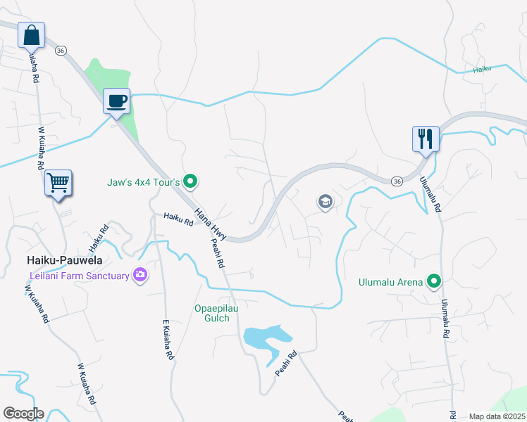 map of restaurants, bars, coffee shops, grocery stores, and more near 60 Oili Road in Haiku-Pauwela