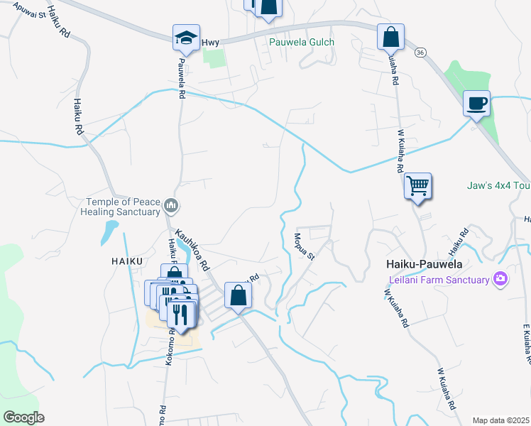 map of restaurants, bars, coffee shops, grocery stores, and more near 662 Kauaheahe Place in Haiku-Pauwela