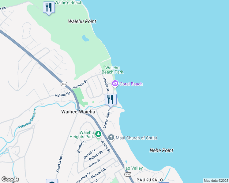 map of restaurants, bars, coffee shops, grocery stores, and more near 202 Lower Waiehu Beach Road in Wailuku