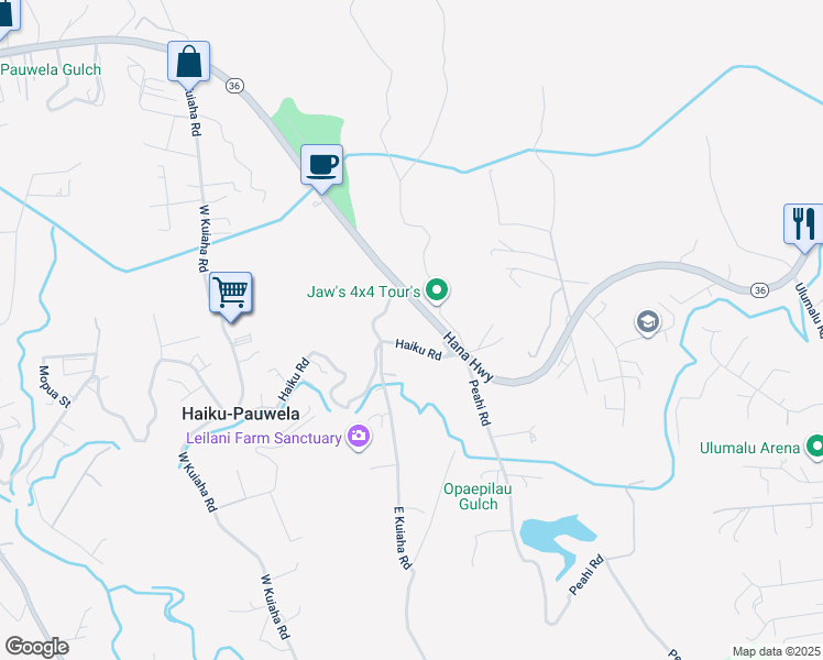 map of restaurants, bars, coffee shops, grocery stores, and more near 2229 Haiku Road in Haiku-Pauwela