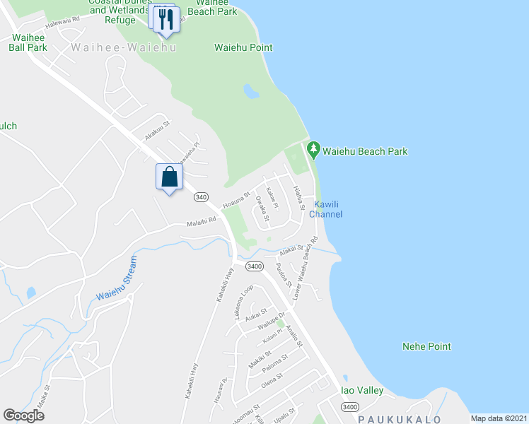 map of restaurants, bars, coffee shops, grocery stores, and more near 1378 Owaka Street in Wailuku