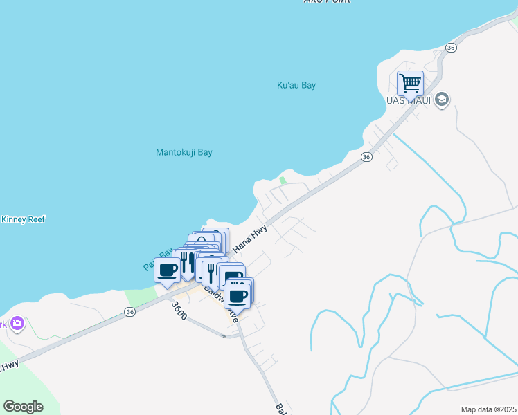 map of restaurants, bars, coffee shops, grocery stores, and more near 27 Lae Place in Paia