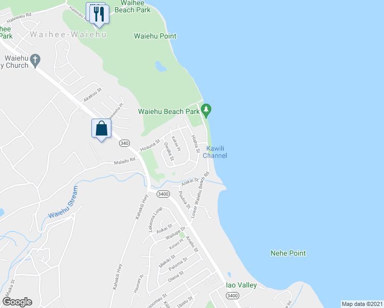 map of restaurants, bars, coffee shops, grocery stores, and more near 1344 Kilou Street in Wailuku