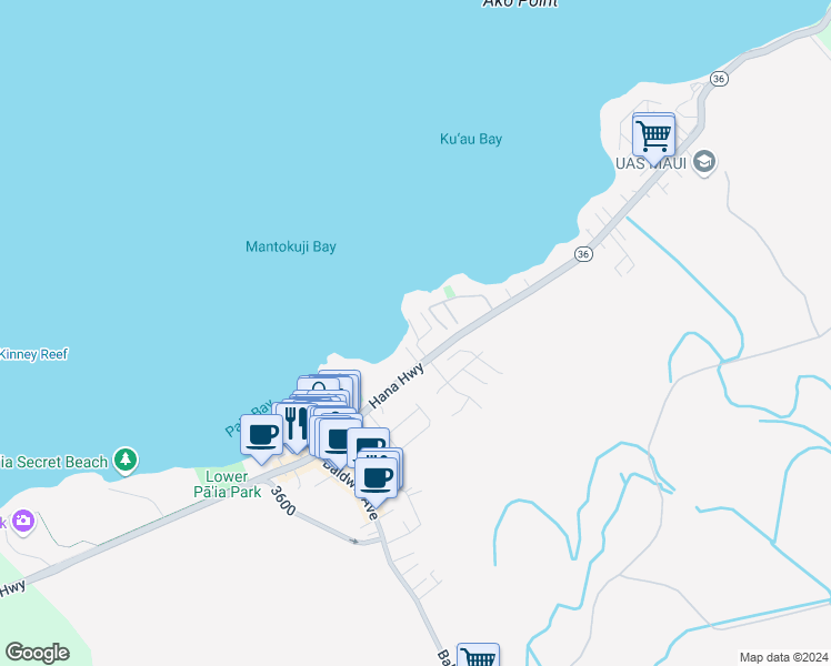 map of restaurants, bars, coffee shops, grocery stores, and more near Lae Place in Paia