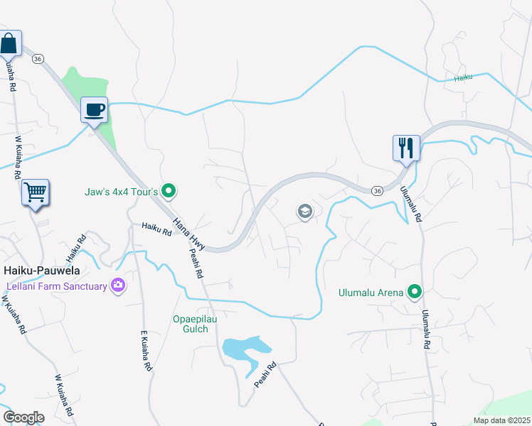 map of restaurants, bars, coffee shops, grocery stores, and more near 40 Hohani Place in Haiku-Pauwela