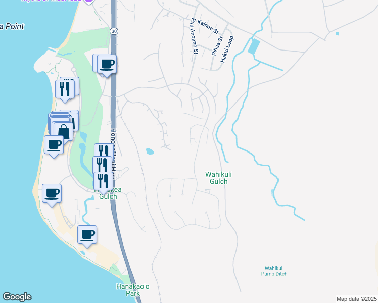 map of restaurants, bars, coffee shops, grocery stores, and more near 94 West Mahi Pua Place in Lahaina