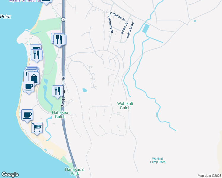 map of restaurants, bars, coffee shops, grocery stores, and more near 93 West Mahi Pua Place in Lahaina